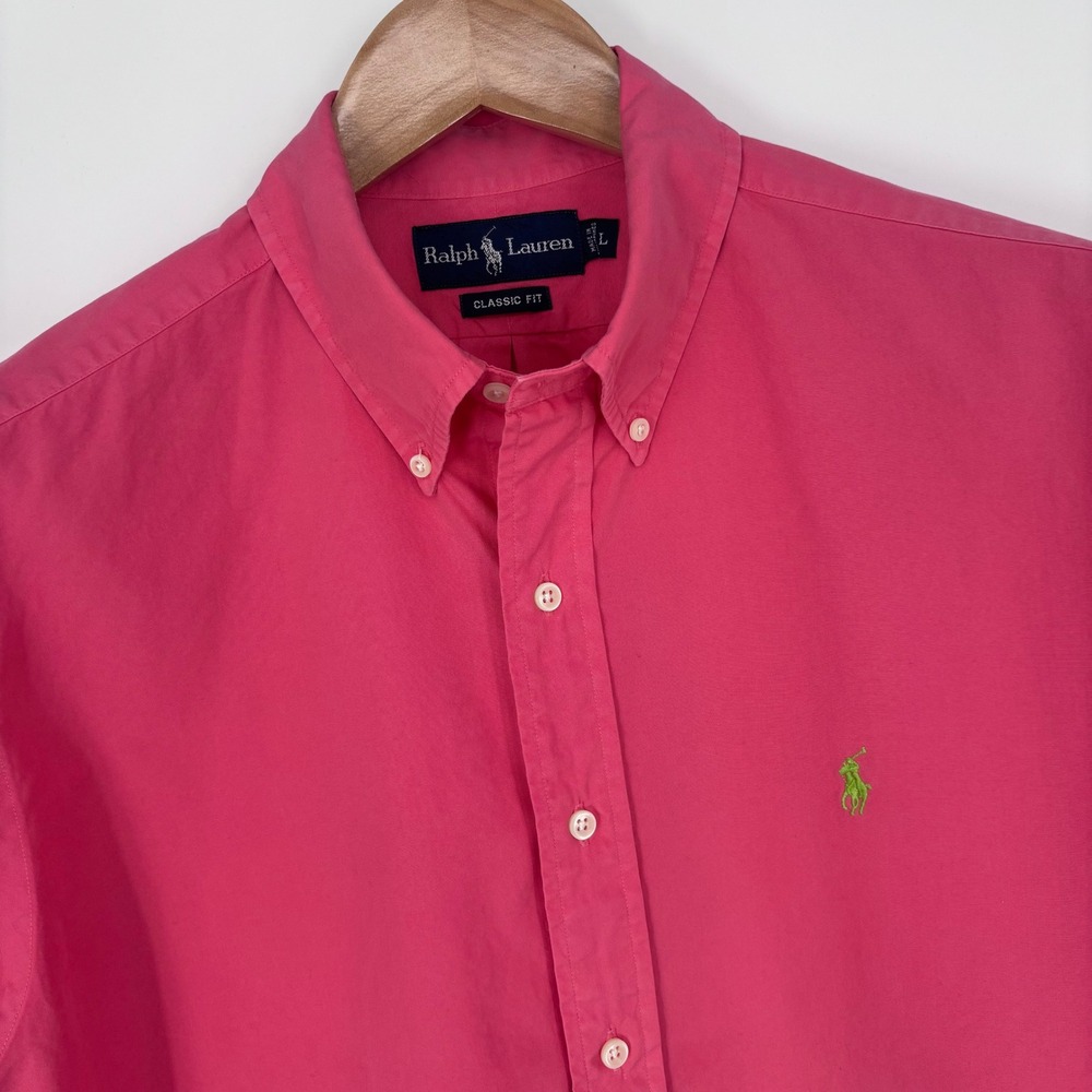 Ralph Lauren Short Sleeve Button Down Shirt Men L Pink Classic Fit Summer Preppy